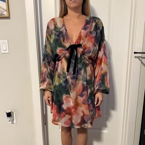 Multicolor long sleeve dress with velvet bow detail